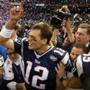 Tom Brady celebrated after leading the Patriots to victory in Super Bowl XXXVI against the St. Louis Rams.